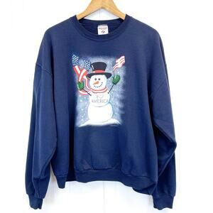 Jerzees Nublend Womens XL Patriotic‎ Snowman Sweatshirt Winter Flag Dark Blue